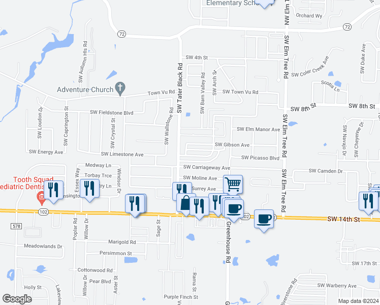 map of restaurants, bars, coffee shops, grocery stores, and more near 3912 Southwest Ridgepointe Avenue in Bentonville