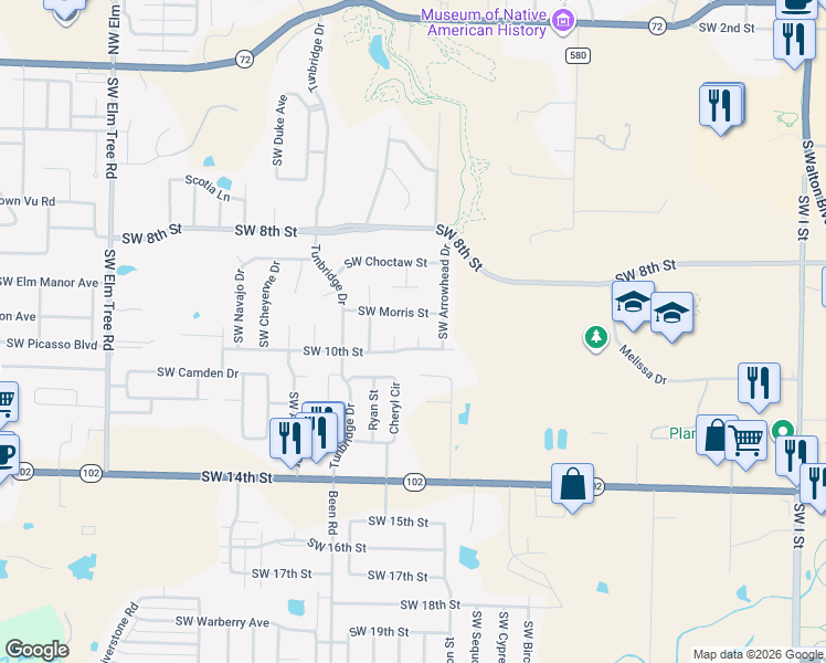map of restaurants, bars, coffee shops, grocery stores, and more near 2307 Southwest 10th Street in Bentonville