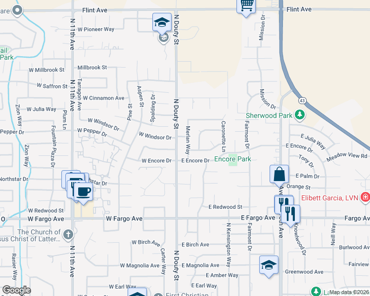 map of restaurants, bars, coffee shops, grocery stores, and more near 2801 North Douty Street in Hanford