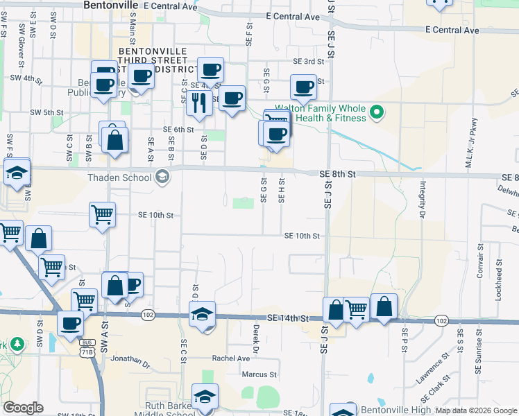 map of restaurants, bars, coffee shops, grocery stores, and more near 908 Southeast G Street in Bentonville