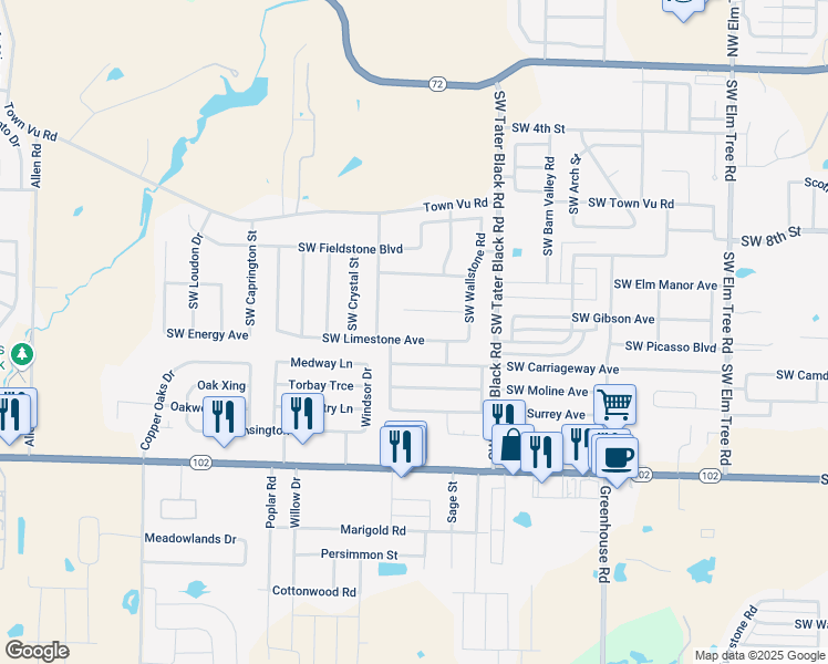 map of restaurants, bars, coffee shops, grocery stores, and more near 4304 Southwest Slate Lane in Bentonville