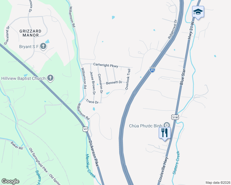map of restaurants, bars, coffee shops, grocery stores, and more near 1021 Chisolm Trail in Goodlettsville