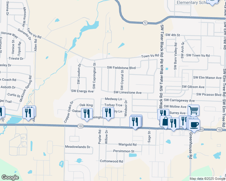map of restaurants, bars, coffee shops, grocery stores, and more near 11897 Holloway Road in Bentonville