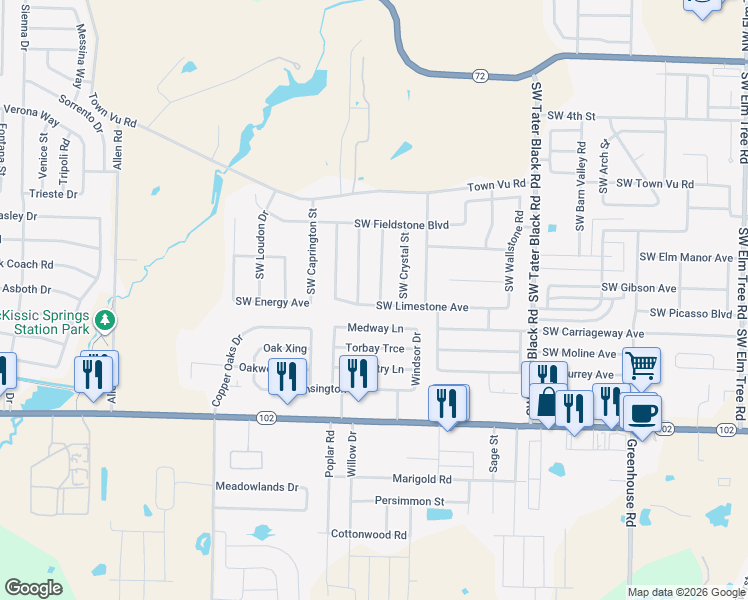 map of restaurants, bars, coffee shops, grocery stores, and more near 900 Southwest Summit Chase Road in Bentonville
