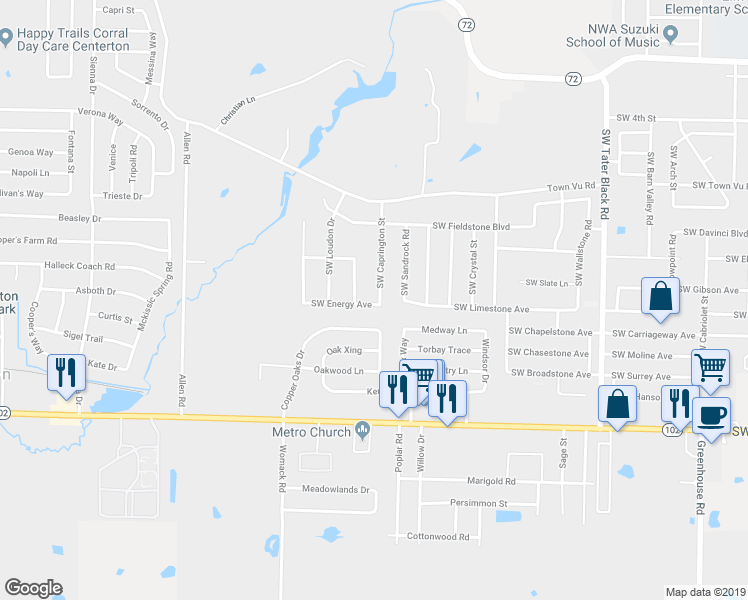 map of restaurants, bars, coffee shops, grocery stores, and more near 906 Southwest Caprington Street in Bentonville