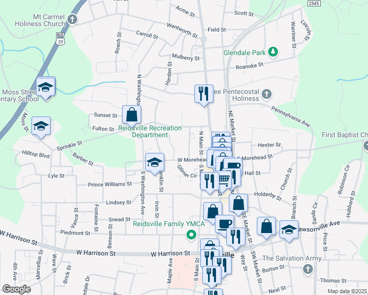 map of restaurants, bars, coffee shops, grocery stores, and more near 426 West Morehead Street in Reidsville