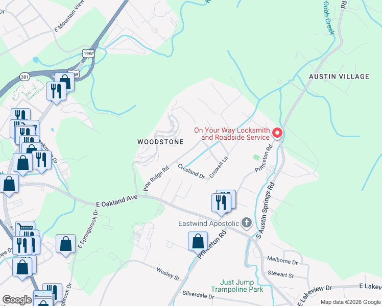 map of restaurants, bars, coffee shops, grocery stores, and more near 612 Pine Ridge Road in Johnson City