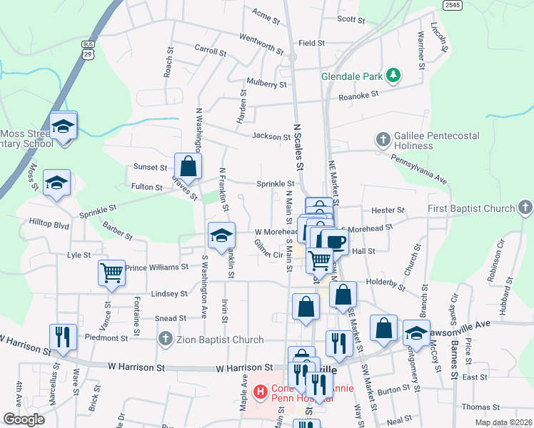 map of restaurants, bars, coffee shops, grocery stores, and more near 121 Arlington Street in Reidsville