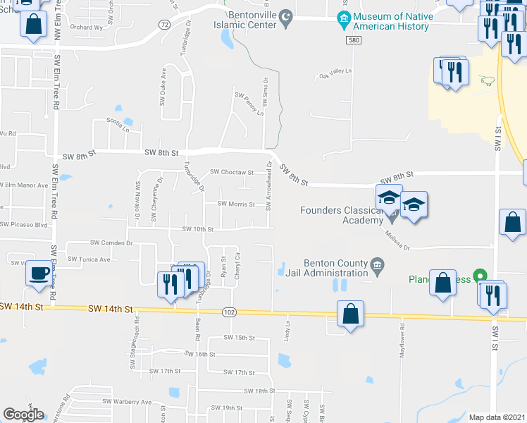 map of restaurants, bars, coffee shops, grocery stores, and more near 900 Southwest Arrowhead Drive in Bentonville