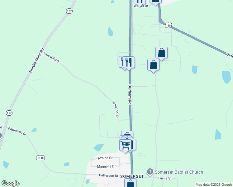 map of restaurants, bars, coffee shops, grocery stores, and more near 2324 Durham Road in Roxboro