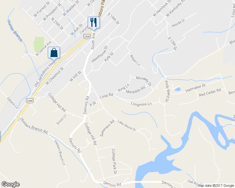 map of restaurants, bars, coffee shops, grocery stores, and more near 1834 Loop Road in LaFollette