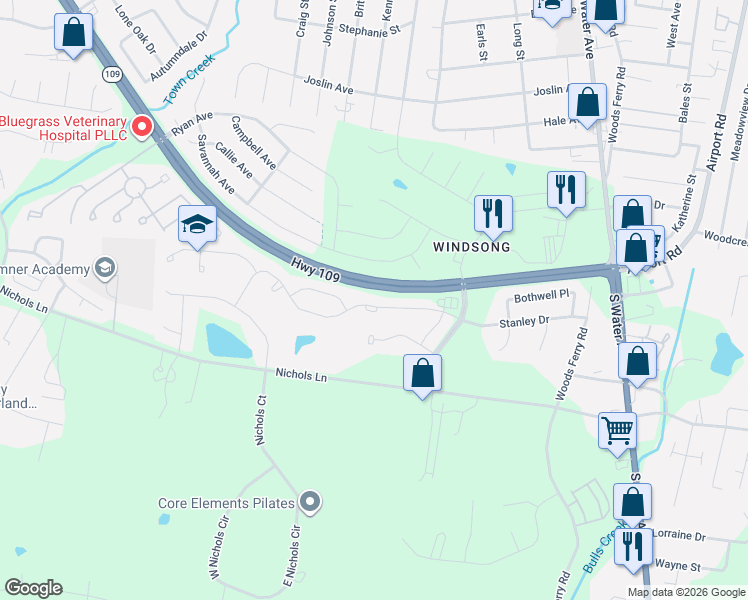 map of restaurants, bars, coffee shops, grocery stores, and more near 1092 Westgate Drive in Gallatin