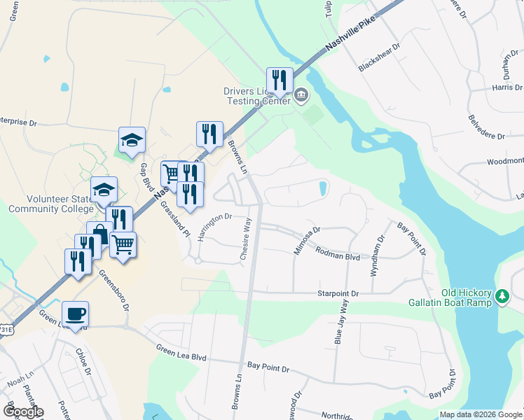 map of restaurants, bars, coffee shops, grocery stores, and more near 825 South Browns Lane in Gallatin
