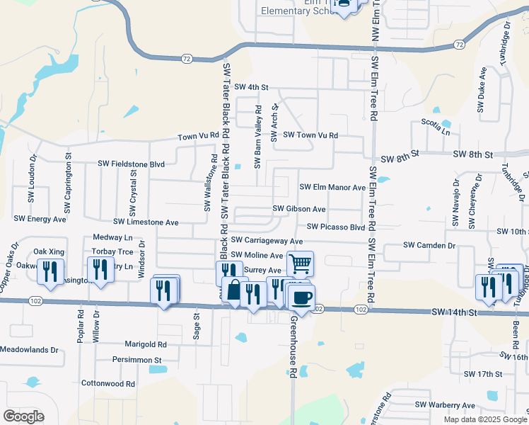 map of restaurants, bars, coffee shops, grocery stores, and more near 3805 Southwest Gibson Avenue in Bentonville