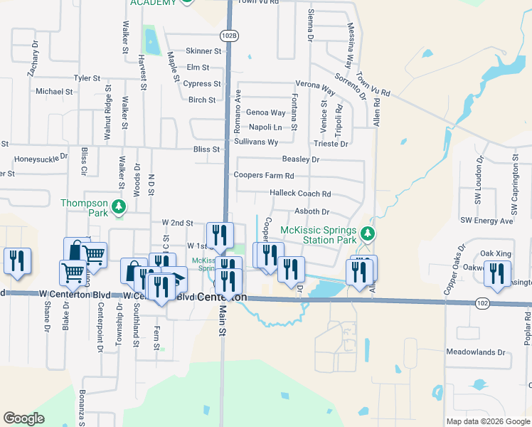map of restaurants, bars, coffee shops, grocery stores, and more near 440 Dupre Circle in Centerton
