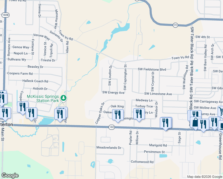 map of restaurants, bars, coffee shops, grocery stores, and more near 901 Southwest Loudon Drive in Bentonville