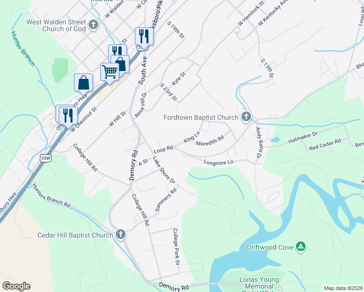 map of restaurants, bars, coffee shops, grocery stores, and more near 1834 Loop Road in LaFollette