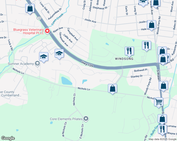 map of restaurants, bars, coffee shops, grocery stores, and more near 1529 Holton Road in Gallatin