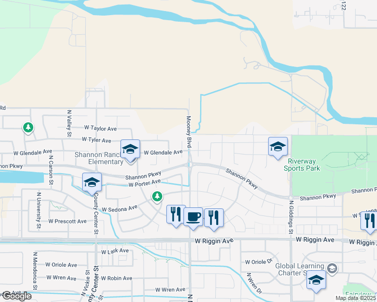map of restaurants, bars, coffee shops, grocery stores, and more near 1341 West Glendale Avenue in Visalia