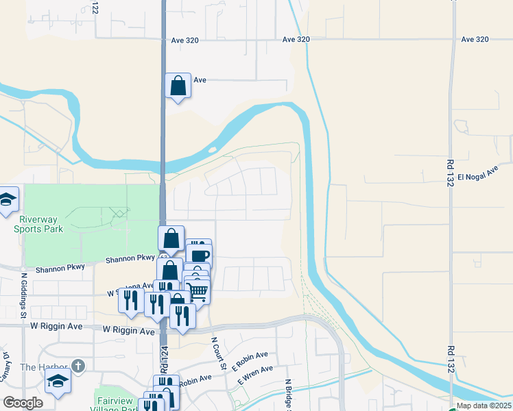 map of restaurants, bars, coffee shops, grocery stores, and more near 320 East Tyler Court in Visalia