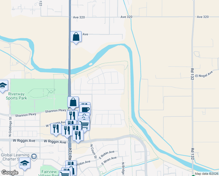 map of restaurants, bars, coffee shops, grocery stores, and more near 320 East Tyler Court in Visalia