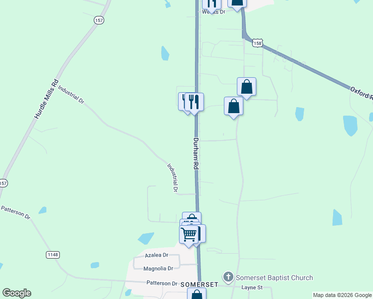 map of restaurants, bars, coffee shops, grocery stores, and more near 2324 Durham Road in Roxboro