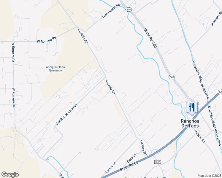map of restaurants, bars, coffee shops, grocery stores, and more near Cuchilla Road in Ranchos de Taos