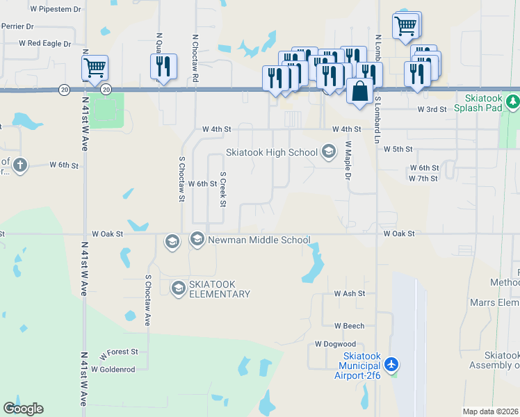 map of restaurants, bars, coffee shops, grocery stores, and more near 1413 West Elm Street in Skiatook