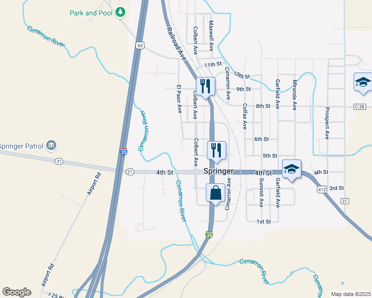 map of restaurants, bars, coffee shops, grocery stores, and more near 500-598 El Paso Avenue in Springer