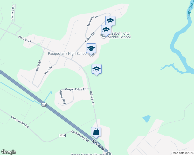 map of restaurants, bars, coffee shops, grocery stores, and more near 1062 Northside Road in Elizabeth City