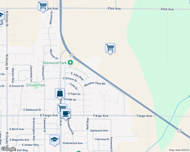 map of restaurants, bars, coffee shops, grocery stores, and more near 2890 Hillside Court in Hanford