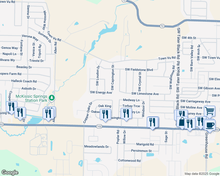 map of restaurants, bars, coffee shops, grocery stores, and more near 902 Southwest Caprington Street in Bentonville