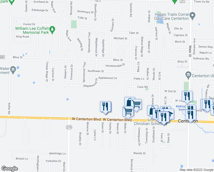 map of restaurants, bars, coffee shops, grocery stores, and more near 1049 Applewood Circle in Centerton