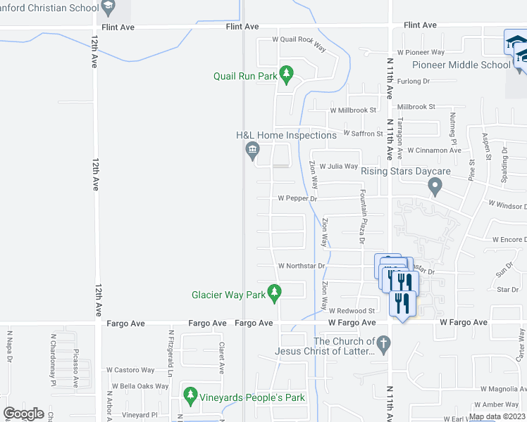 map of restaurants, bars, coffee shops, grocery stores, and more near 1126 West Encore Drive in Hanford