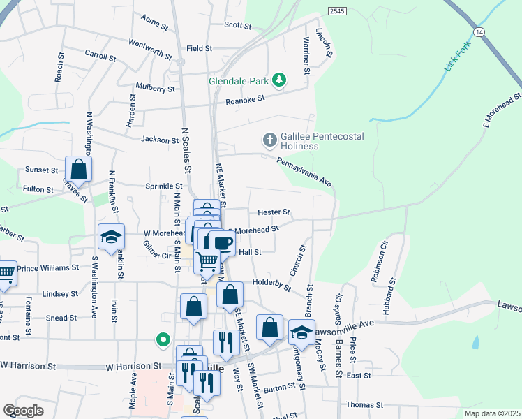 map of restaurants, bars, coffee shops, grocery stores, and more near 212 Hester Street in Reidsville