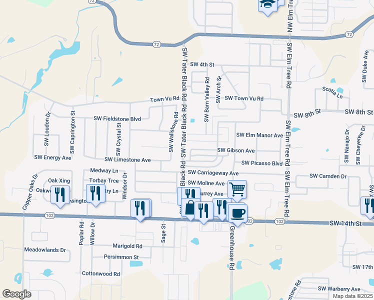 map of restaurants, bars, coffee shops, grocery stores, and more near 902 Southwest Crown View Street in Bentonville