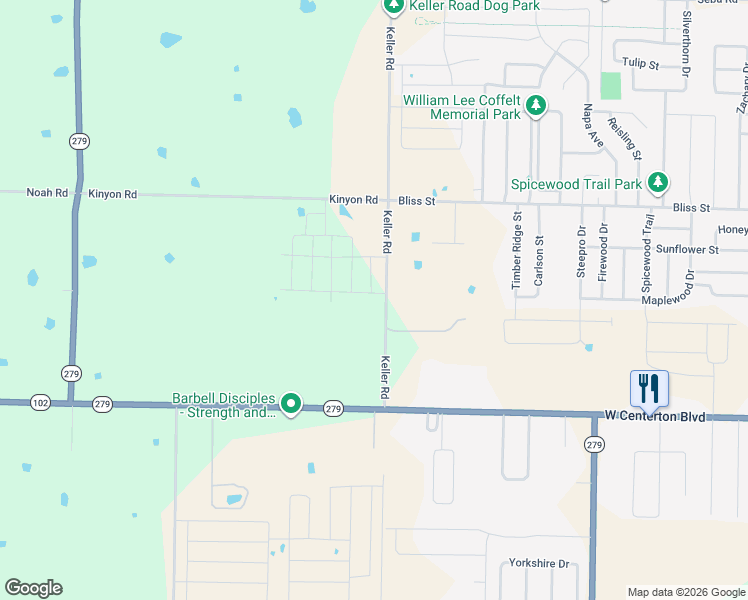 map of restaurants, bars, coffee shops, grocery stores, and more near 111-199 Keller Road in Centerton