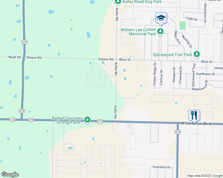 map of restaurants, bars, coffee shops, grocery stores, and more near 111-199 Keller Road in Centerton
