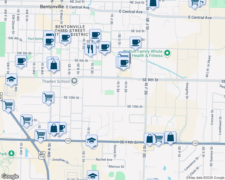 map of restaurants, bars, coffee shops, grocery stores, and more near 905 Durham Place in Bentonville