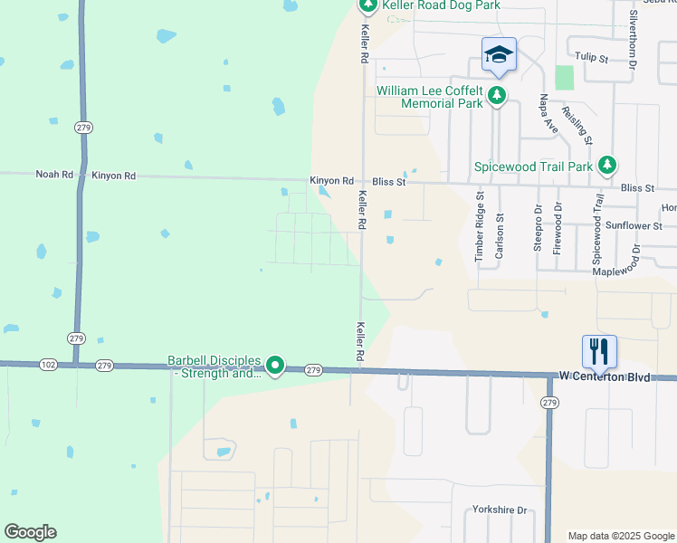 map of restaurants, bars, coffee shops, grocery stores, and more near 111-199 Keller Road in Centerton