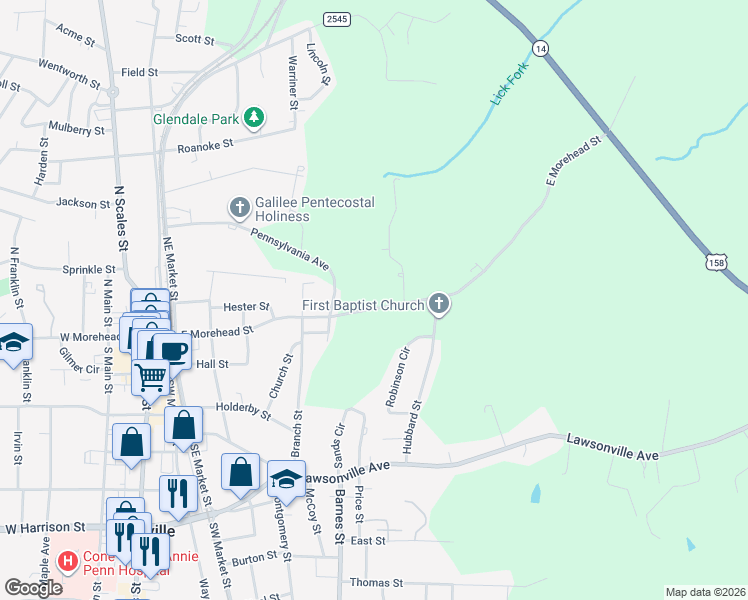 map of restaurants, bars, coffee shops, grocery stores, and more near 537 East Morehead Street in Reidsville