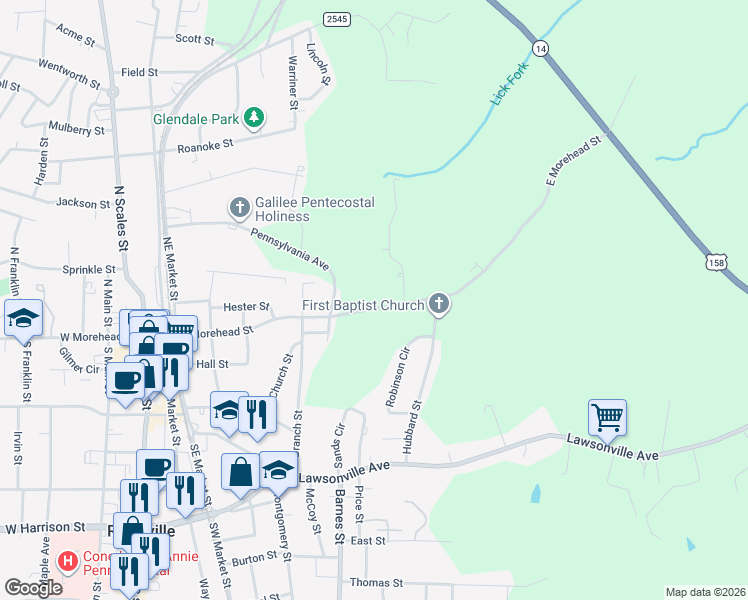 map of restaurants, bars, coffee shops, grocery stores, and more near 537 East Morehead Street in Reidsville