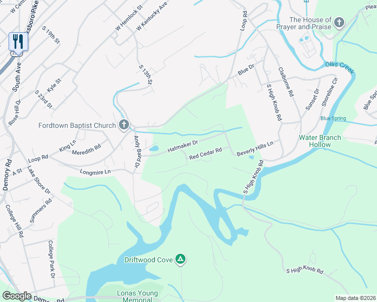 map of restaurants, bars, coffee shops, grocery stores, and more near 198 Red Cedar Road in LaFollette