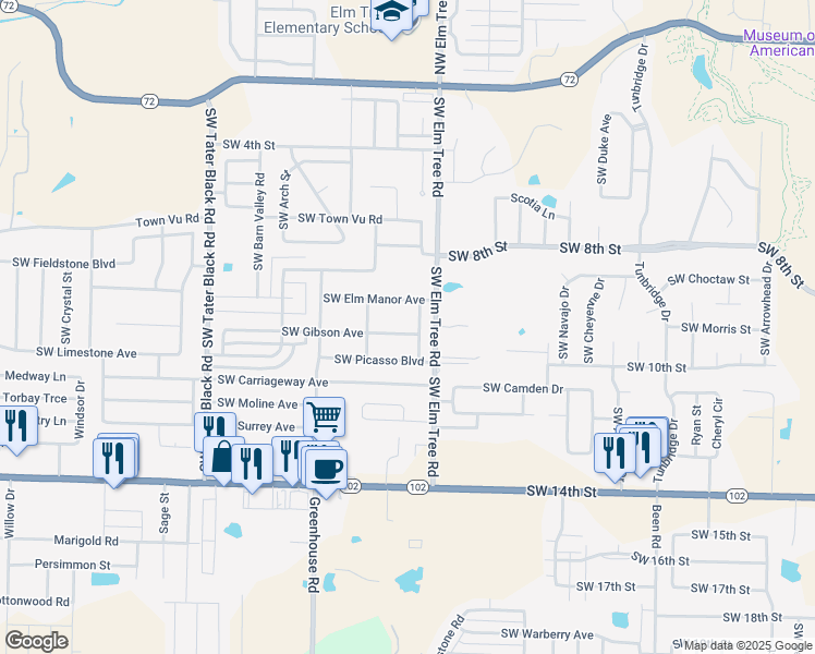map of restaurants, bars, coffee shops, grocery stores, and more near 3400 Southwest Gibson Avenue in Bentonville