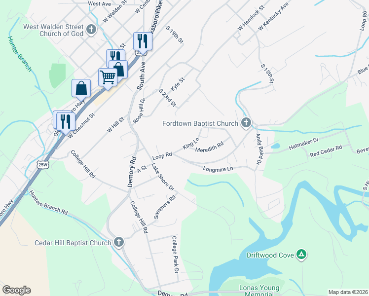 map of restaurants, bars, coffee shops, grocery stores, and more near 1834 Loop Road in LaFollette