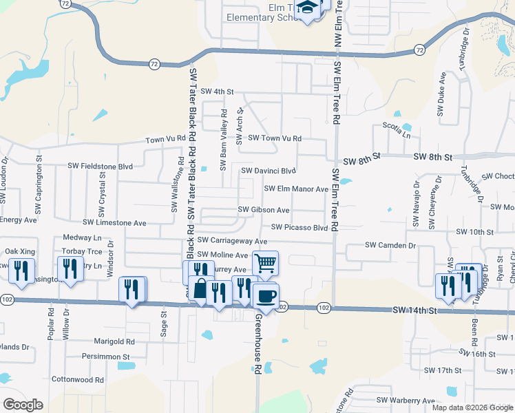 map of restaurants, bars, coffee shops, grocery stores, and more near 3704 Southwest Gibson Avenue in Bentonville