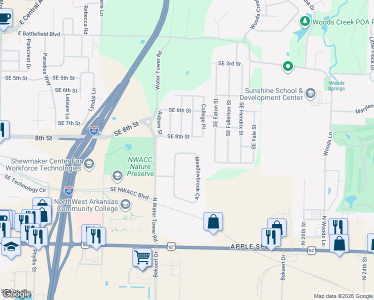 map of restaurants, bars, coffee shops, grocery stores, and more near 18 Meadowbrook Circle in Bentonville