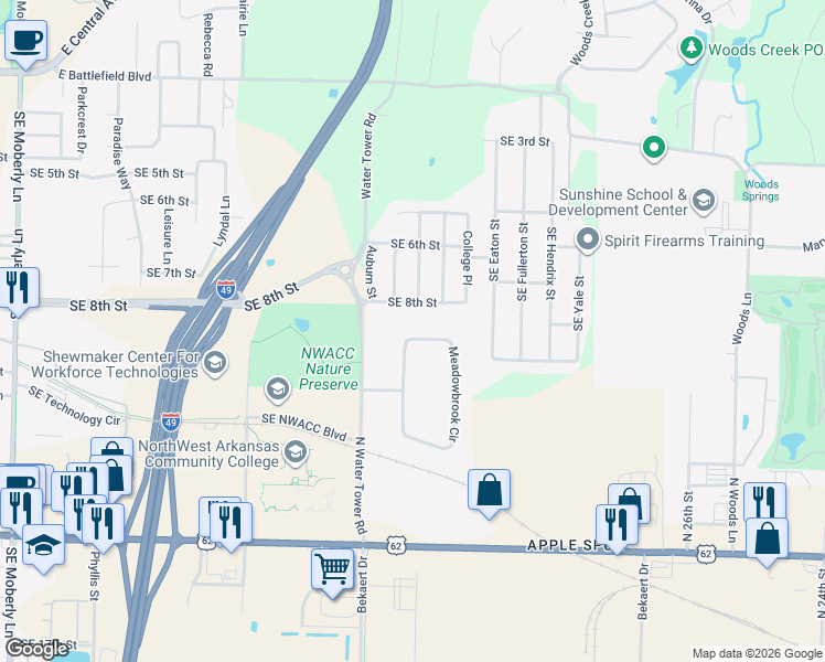 map of restaurants, bars, coffee shops, grocery stores, and more near 14 Meadowbrook Circle in Bentonville