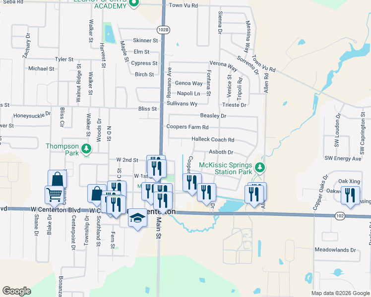 map of restaurants, bars, coffee shops, grocery stores, and more near 440 Dupre Circle in Centerton