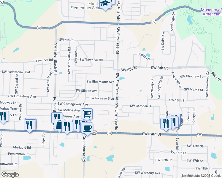 map of restaurants, bars, coffee shops, grocery stores, and more near 3400 Southwest Gibson Avenue in Bentonville